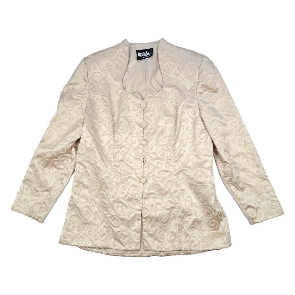 Ursula of Switzerland 14W Suit Dress Blazer Jacket Beaded Champagne Beige Satin